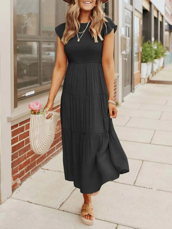 Levoire | Robe midi d'été pour femmes Robe élégante pour femmes avec manches courtes Noir