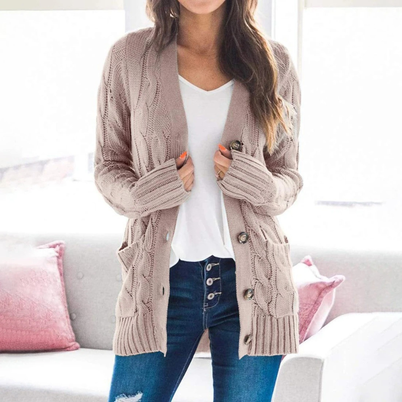 Levoire | Cardigan pour femmes avec motif en cable, boutons et poches Braun