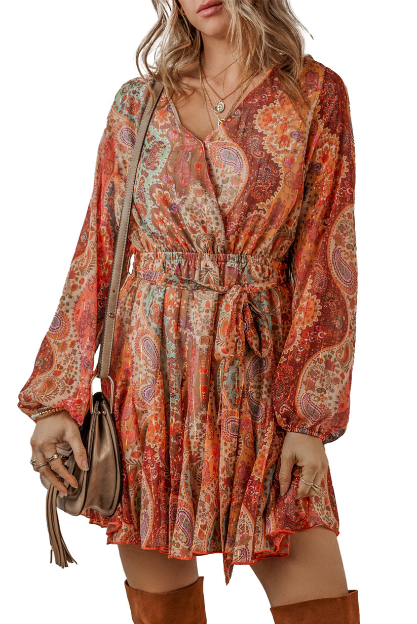 Levoire | Robe Mini Boho Avec Motif Paisley, Manches Longues Et Élégante Ceinture Régulière