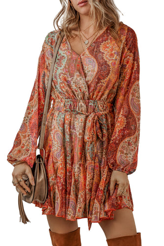 Levoire | Robe Mini Boho Avec Motif Paisley, Manches Longues Et Élégante Ceinture Régulière