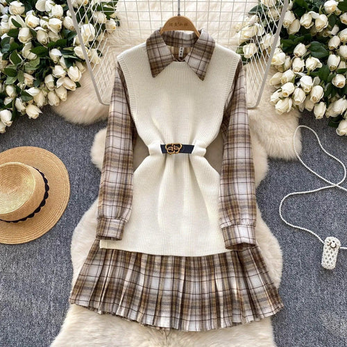 Levoire | Vintage Femmes Ensemble : Robe à Carreaux et Ceinture en Tricot