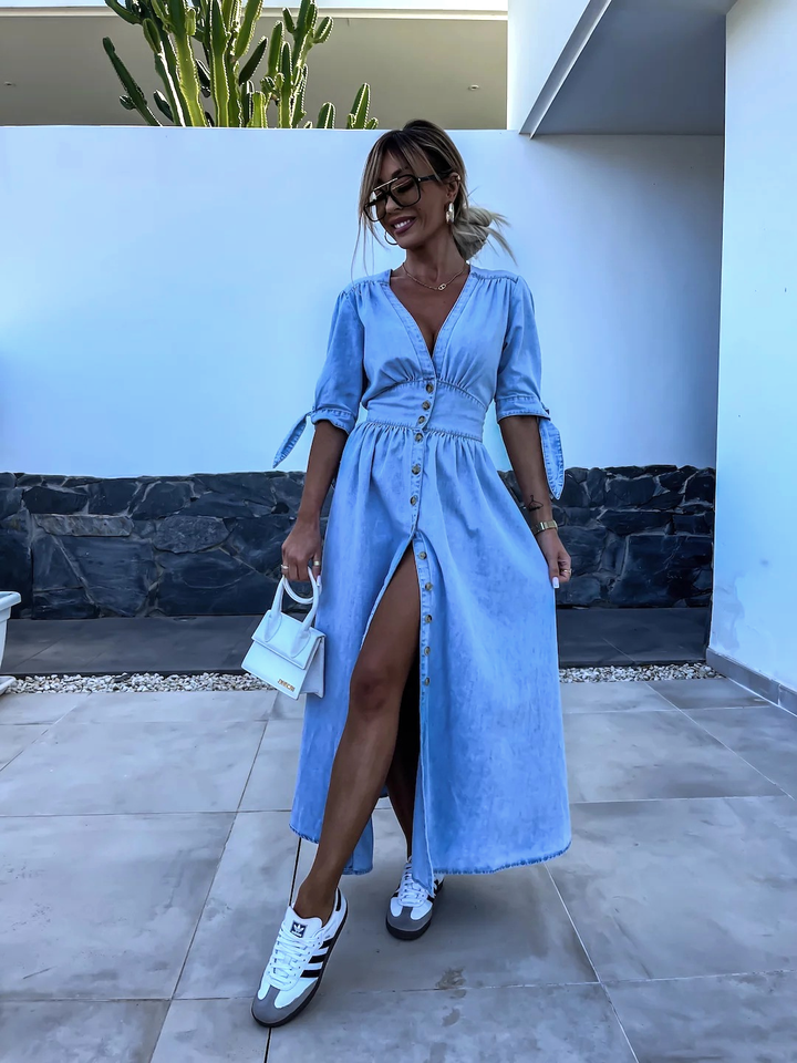Levoire | Longue Robe En Chambray Avec Fente Avant