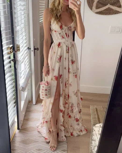 Levoire | Robe De Longueur Midi Avec Fleurs Élégante Robe De Soirée Blanc