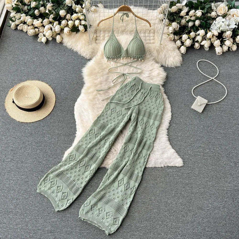 Levoire | Pantalons larges, droits à taille haute avec jambes larges et top Vert Une taille