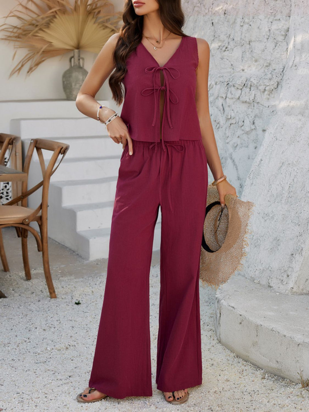 Levoire | Coton Chic Ensemble Haut Sans Manches À Col En V Noué & Pantalon