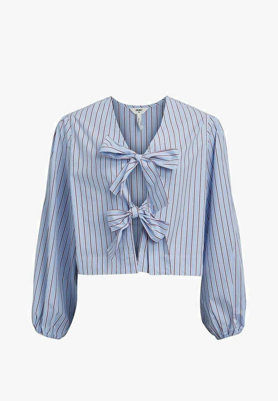 Levoire | Chemise plissée à manches longues dans une couleur unie avec un nœud Bleu