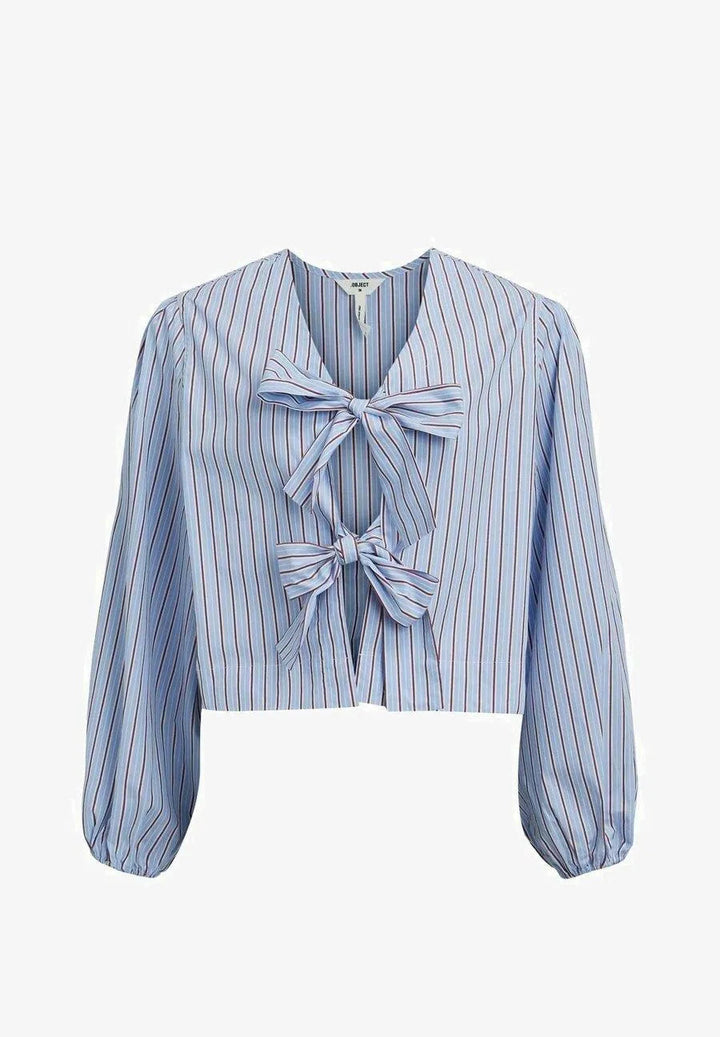 Levoire | Chemise plissée à manches longues dans une couleur unie avec un nœud Bleu