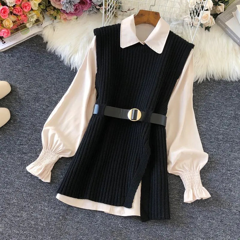 Levoire | Robe femme 2 pièces : chemise blanche et gilet noir avec ceinture