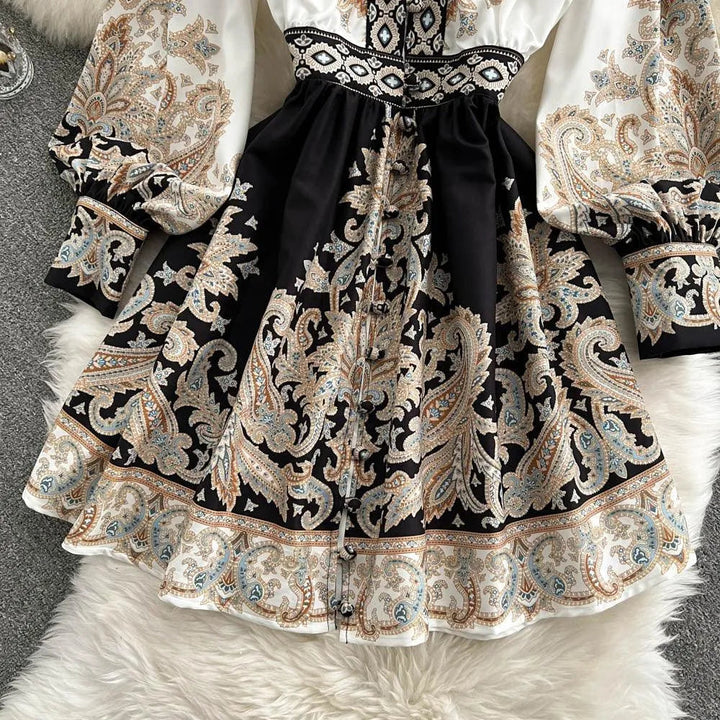 Levoire | Robe imprimée pour femmes avec des manches ballons et un décolleté en V