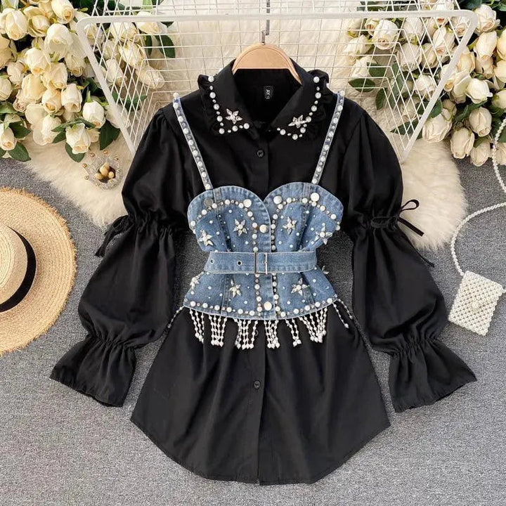 Levoire | T-shirt avec des manches bouffantes, ornée de strass, et un top à volants ainsi qu'un gilet avec des pendentifs en perles, ensemble à deux pièces Noir Taille moyenne