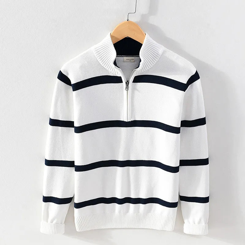 Levoire | Confortable Manches Longues Mi-Longue Zip Rayé Tricoté Blanc