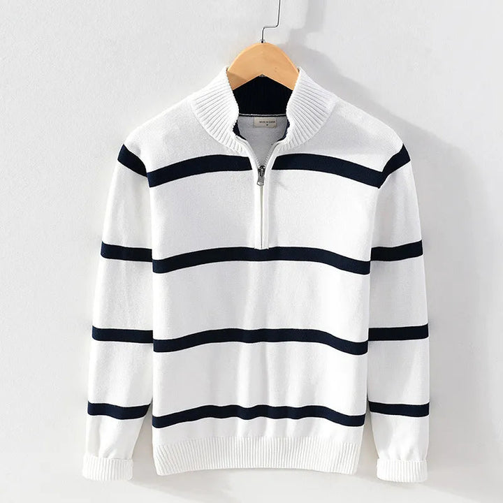 Levoire | Confortable Manches Longues Mi-Longue Zip Rayé Tricoté Blanc
