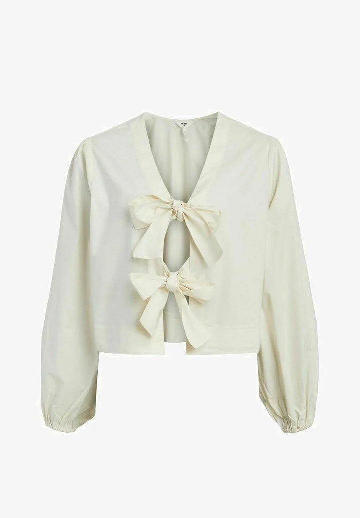 Levoire | Chemise plissée à manches longues dans une couleur unie avec un nœud Beige