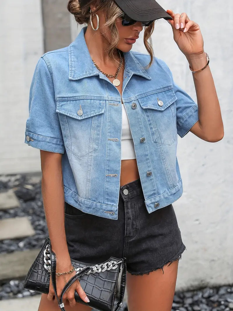 Levoire | Élégant Denim Jacket With Short Sleeves, Buttons, And Pockets Bleu