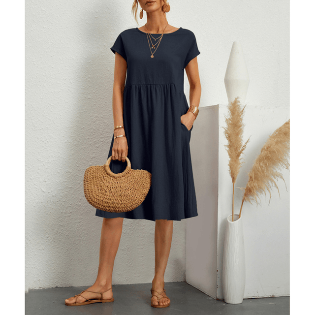 Levoire | Coton Lin Robe Midi À Manches Courtes Bleu foncé