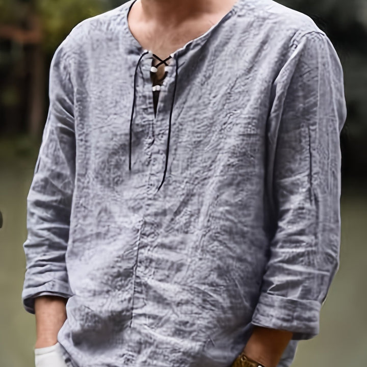 Levoire | T-Shirt Henley À Manches Longues En Mélange Coton-Lin Printemps/Automne