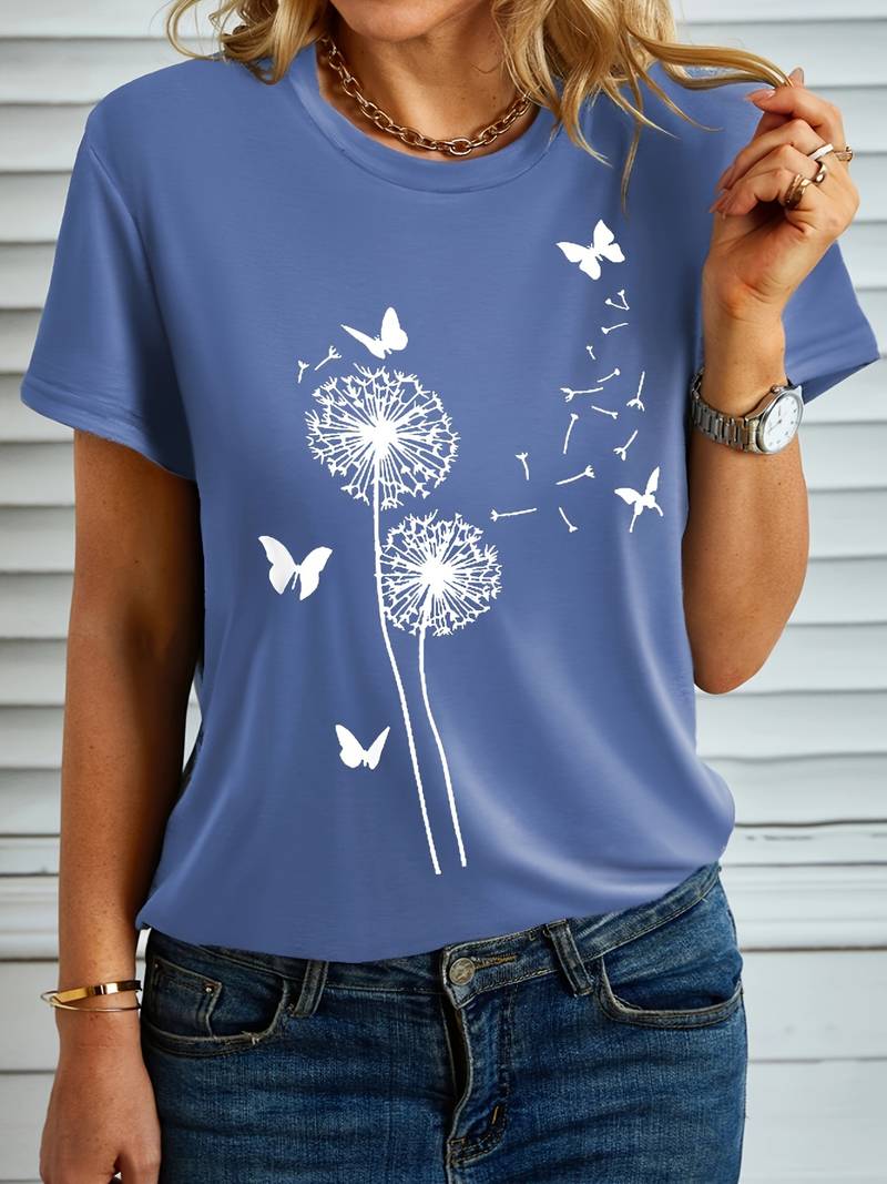 Levoire | T-Shirt Avec Impression De Pissenlit Et De Papillons Bleu