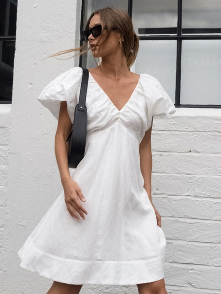 Levoire | Robe Décolletée En V À Manches Bouffantes Et Dos Nu Blanc