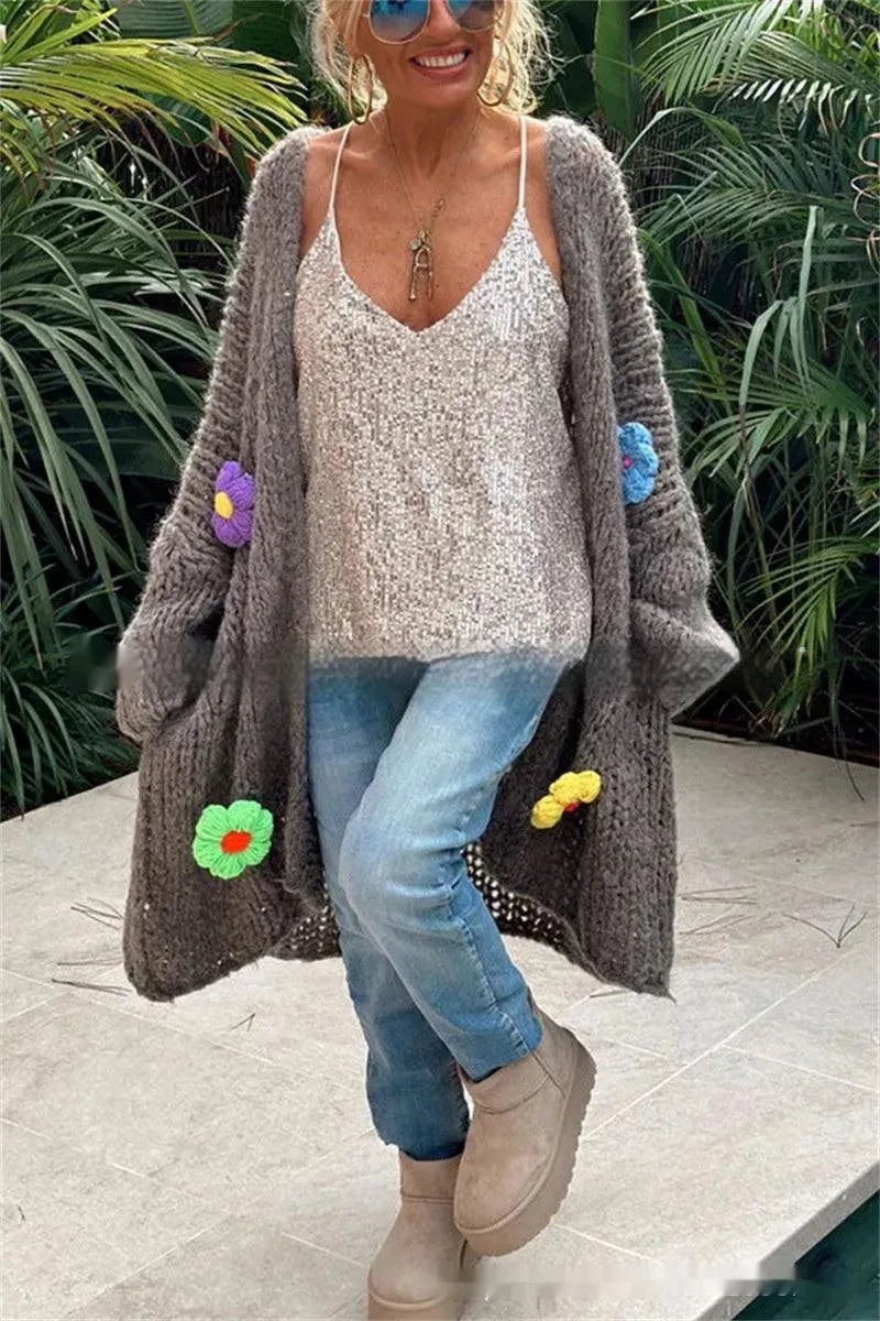 Levoire | Cardigan en tricot long avec des fleurs