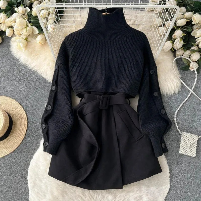 Levoire | Robe femme 2 pièces : pull court et jupe avec une élégante ceinture