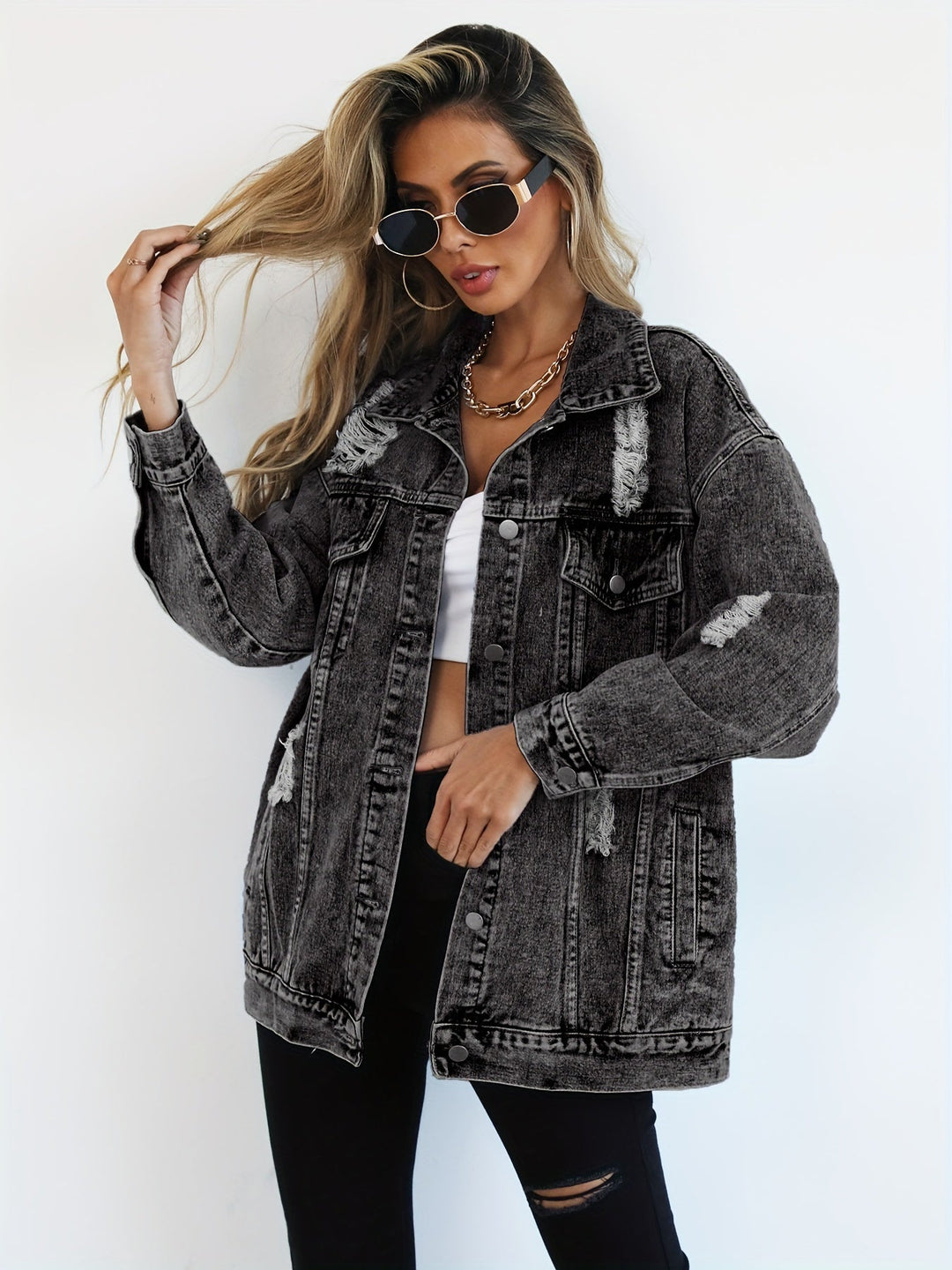 Levoire | Veste En Jean Grise À Manches Longues Et À Coupe Ample Gris foncé