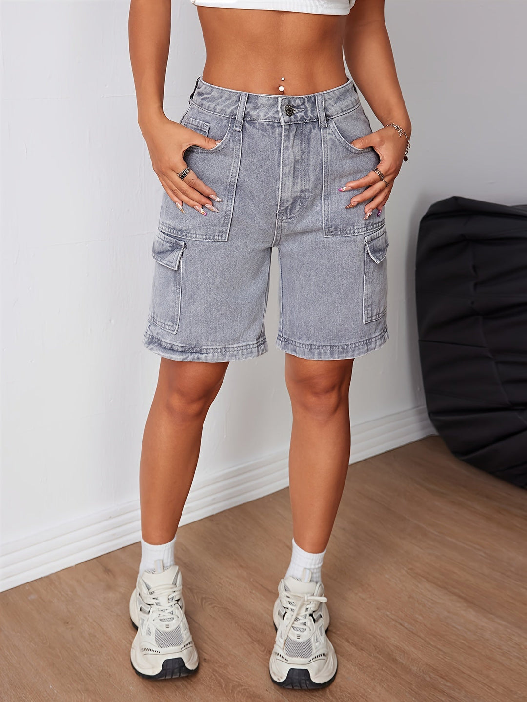 Levoire | Pantalons Cargo En Denim Gris Élégants À Taille Haute