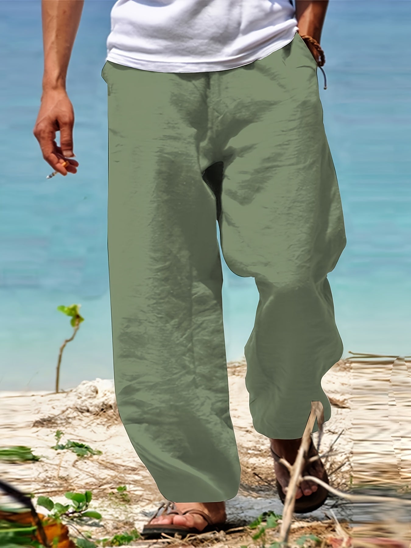 Levoire | Loisirs Coton Lin Pantalons Couleur Unie vert olive 1