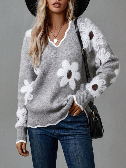 Levoire | Comfortable V Neck Floral Sweater With Long Sleeves