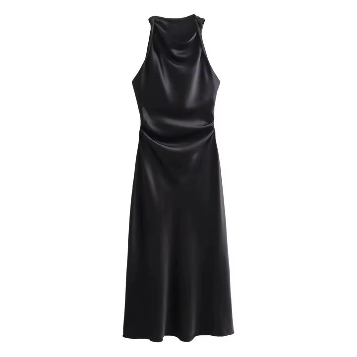 Levoire | Robe Maxi Satin Drapé Élégante Noir