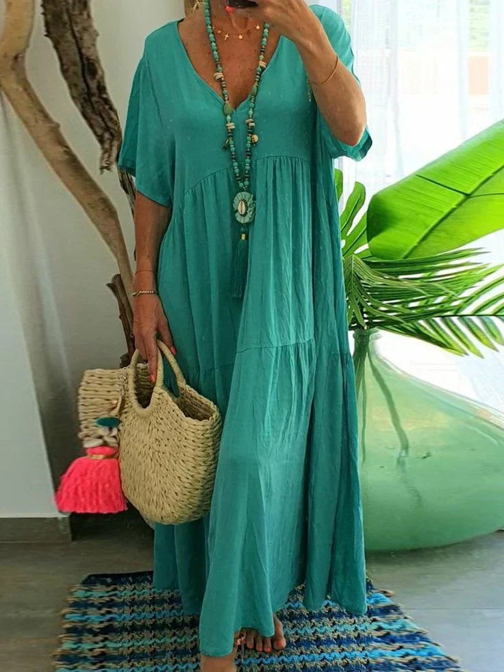 Levoire | Robe longue décontractée à manches courtes pour femmes Bleu paon