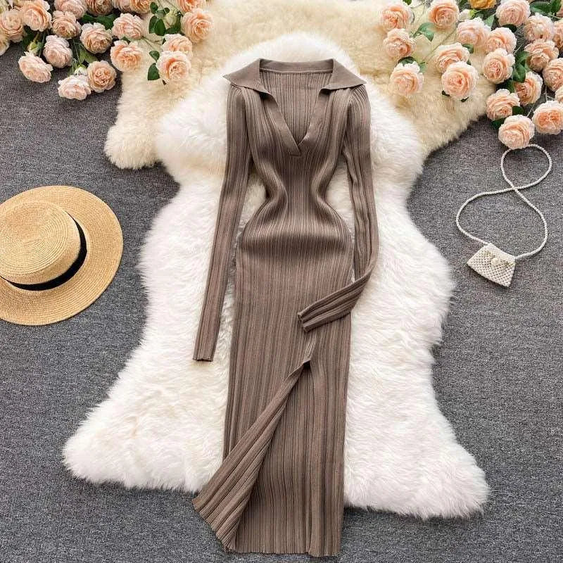Levoire | Robe à manches longues en tricot extensible Couleur du café Une taille