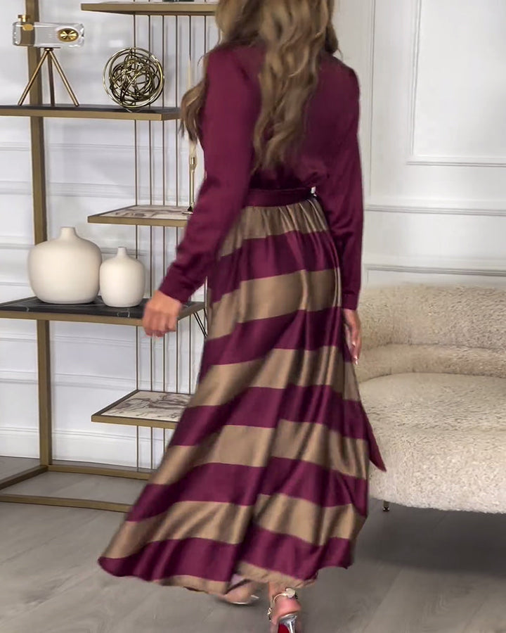 Levoire | Robe Élégante À Rayures Imprimées Avec Revers Et Ceinture