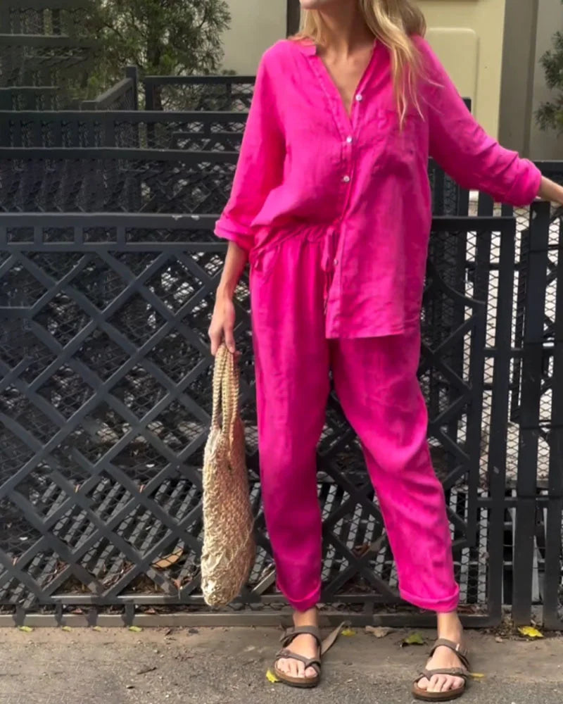 Levoire | T-Shirt Décontracté À Col En V & Ensemble Pantalon En Coton-Lin Rosa