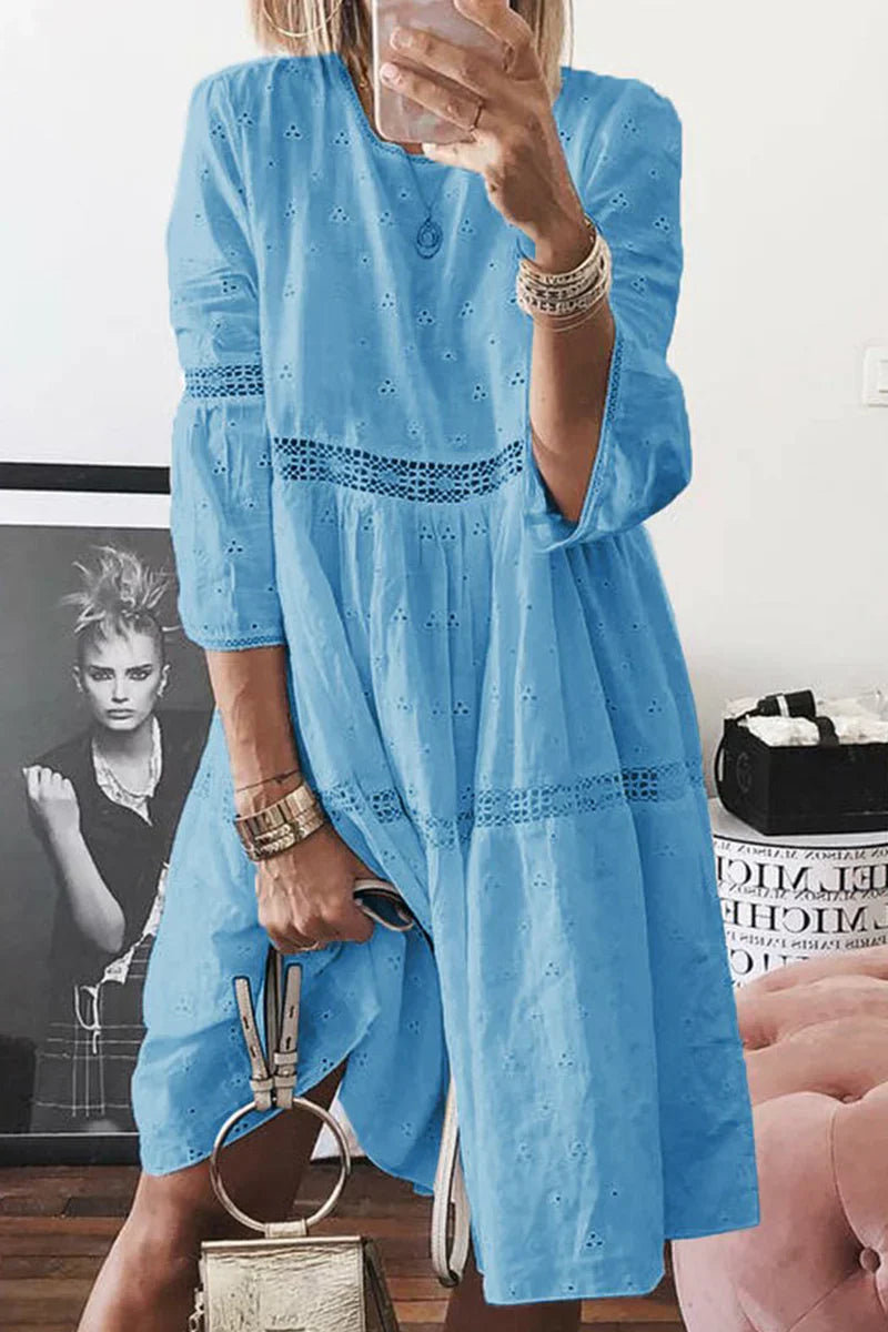 Levoire | Robes jupe pastel décontractées en patchwork uni à col rond Bleu clair