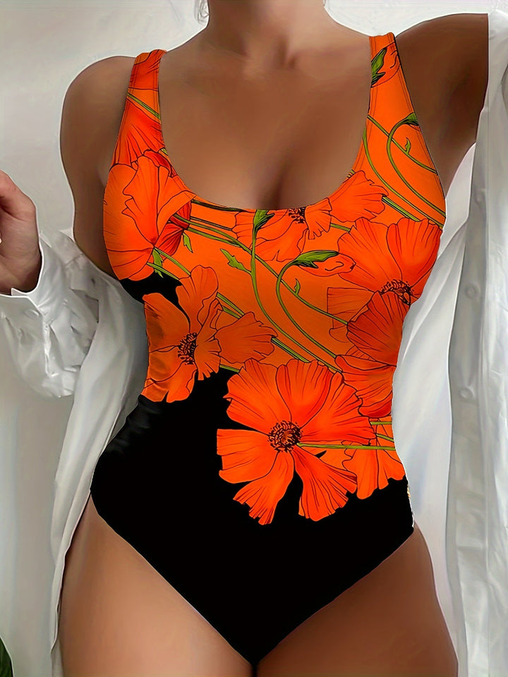 Levoire | Maillot De Bain À Motifs Floraux Orange Et Noir Uni Avec Dos Ouvert Orange-Rouge
