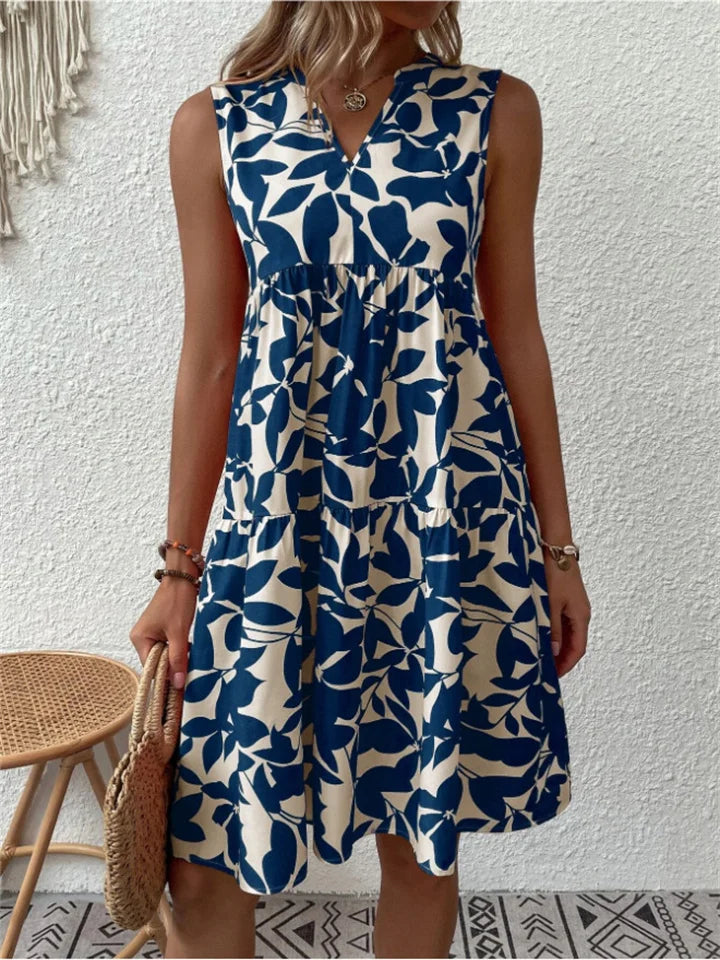 Levoire | Robe D'Été Sans Manches Avec Imprimé Feuilles Pour Femmes Bleu