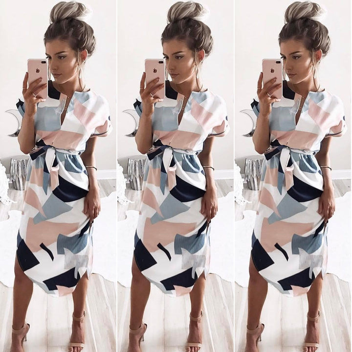 Robe midi femme avec motif géométrique moderne et nœud ajusté Levoire