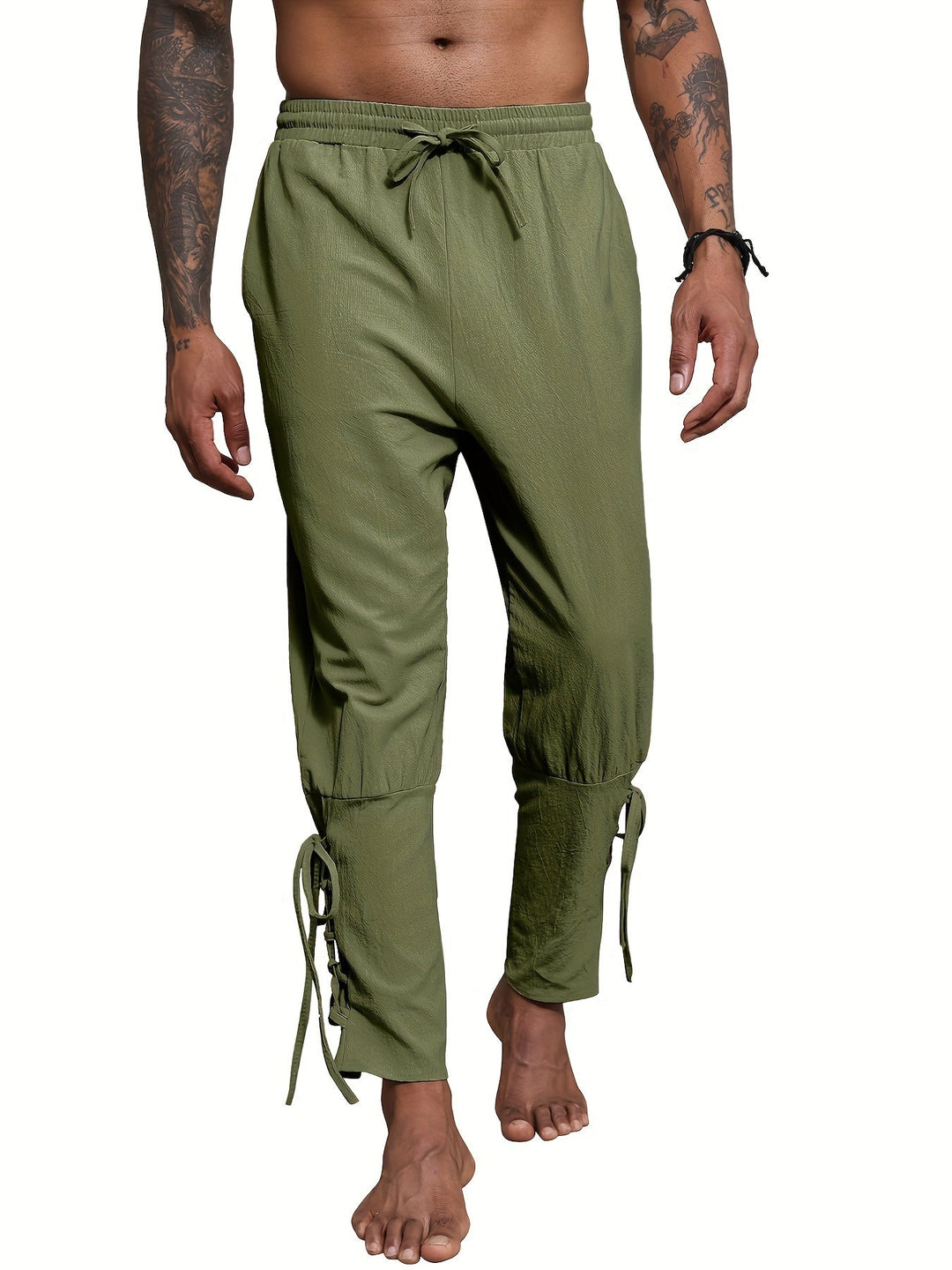 Levoire | Homme Coton Lin Mélange Bande De Publication Et Pantalon Harem vert olive 1