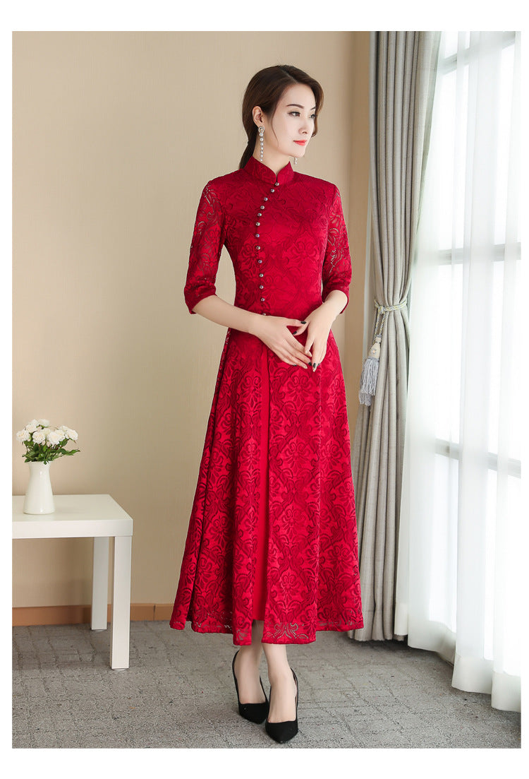 Levoire | Spitzen-Qipao Fille d'été Robe d'été Bourgogne 【Vintage Col Montant】