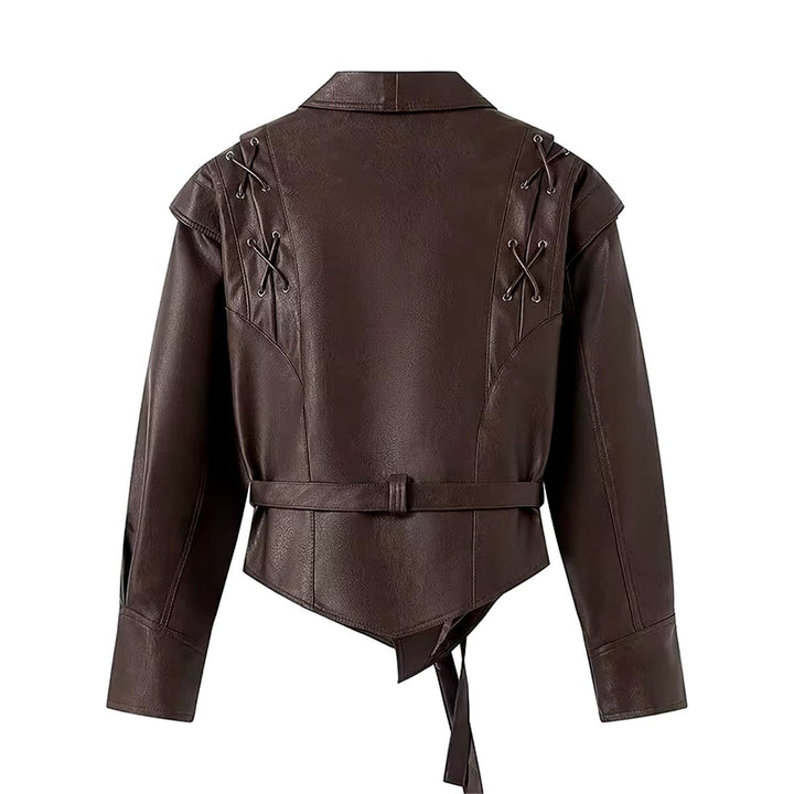 Levoire | Blouson En Cuir Marron Foncé Avec Détails À Lacets Et Ceinture À Nouer