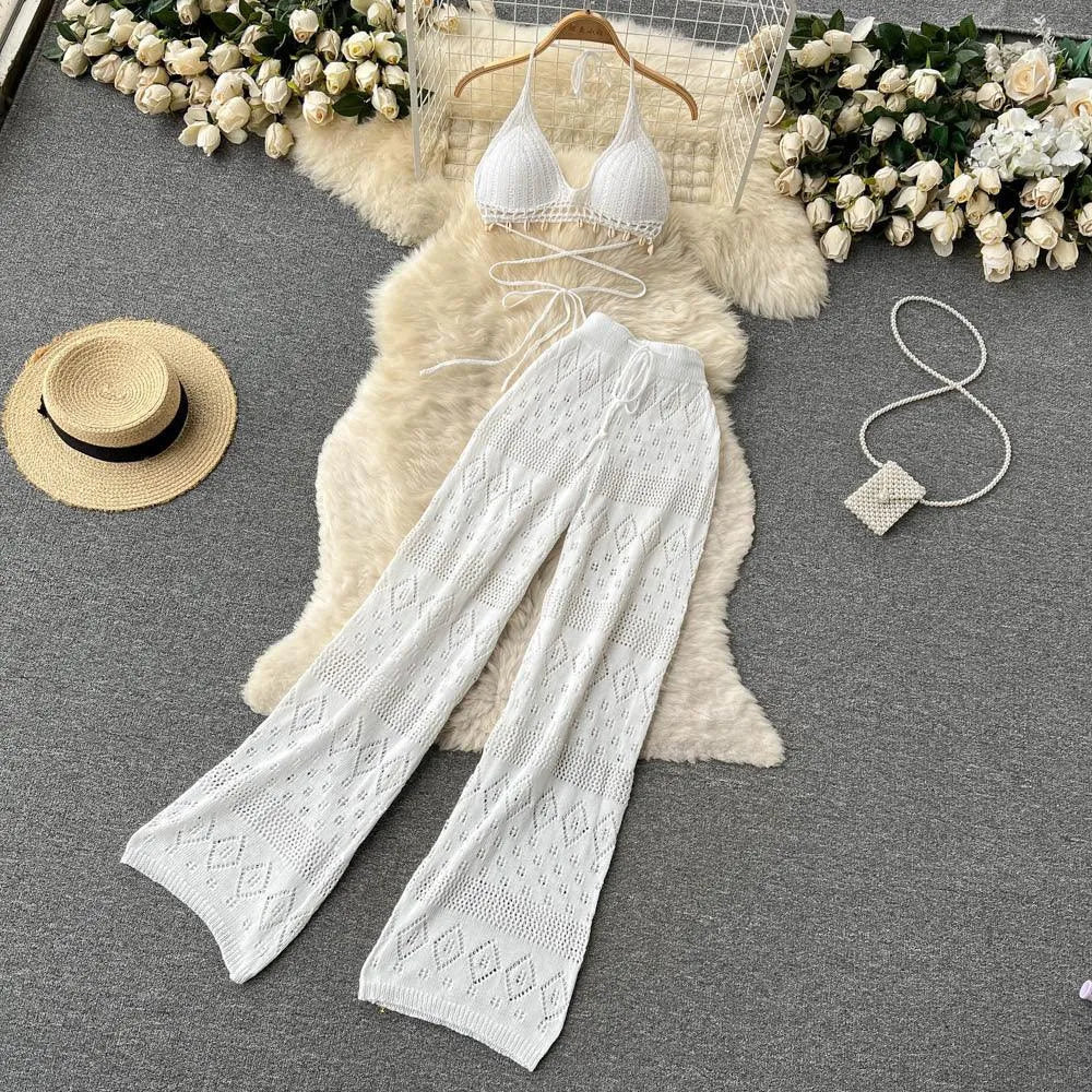 Levoire | Pantalons larges, droits à taille haute avec jambes larges et top Blanc Une taille