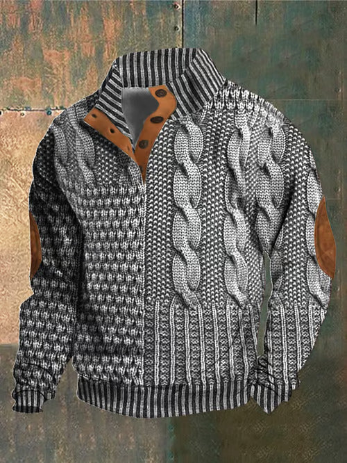 Levoire | Pull Mince À Col Montant Bouton Imprimé Rétro Décontracté Gris