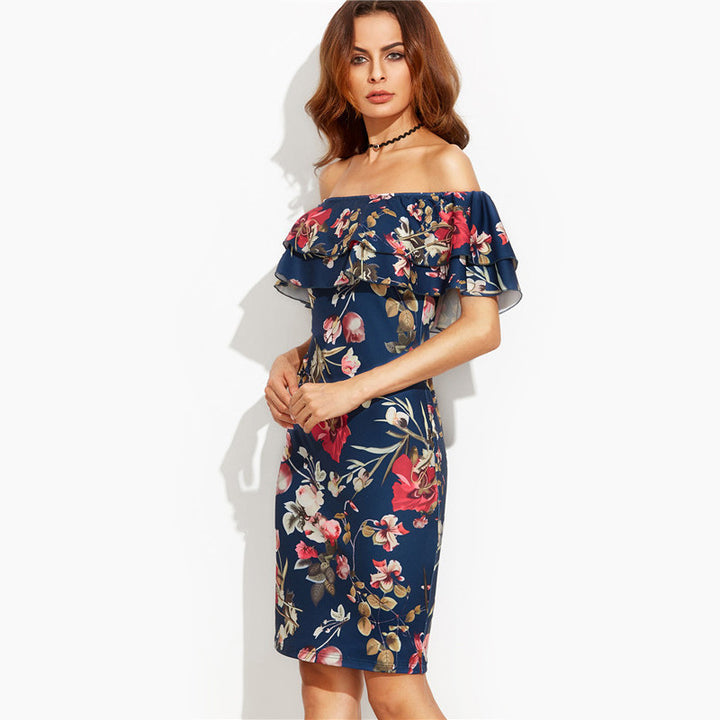 Robe à fleurs pour femme à épaules dénudées avec des détails de volants volumineux et une coupe moulante Levoire