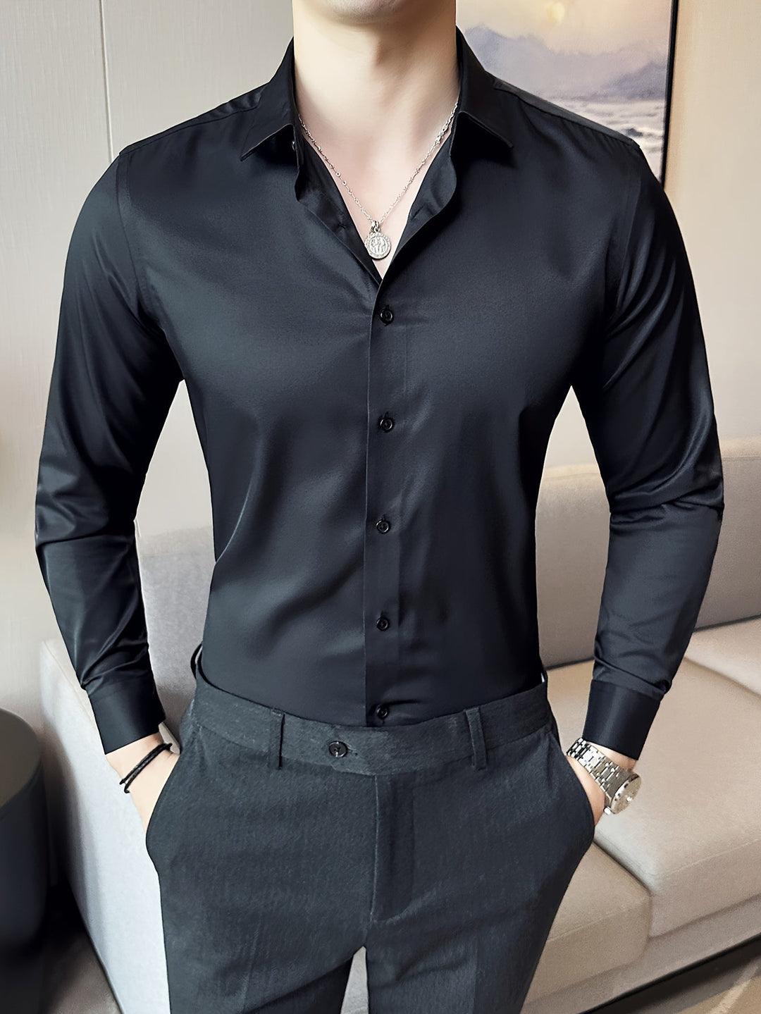 Levoire | Classique Uni Manches Longues Chemise Noir