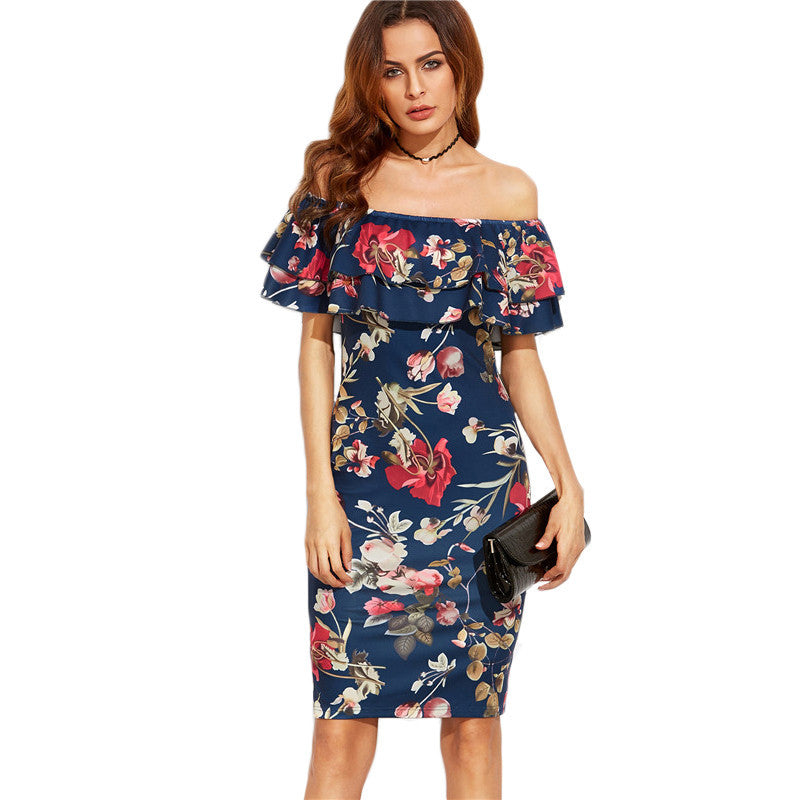 Robe à fleurs pour femme à épaules dénudées avec des détails de volants volumineux et une coupe moulante Levoire