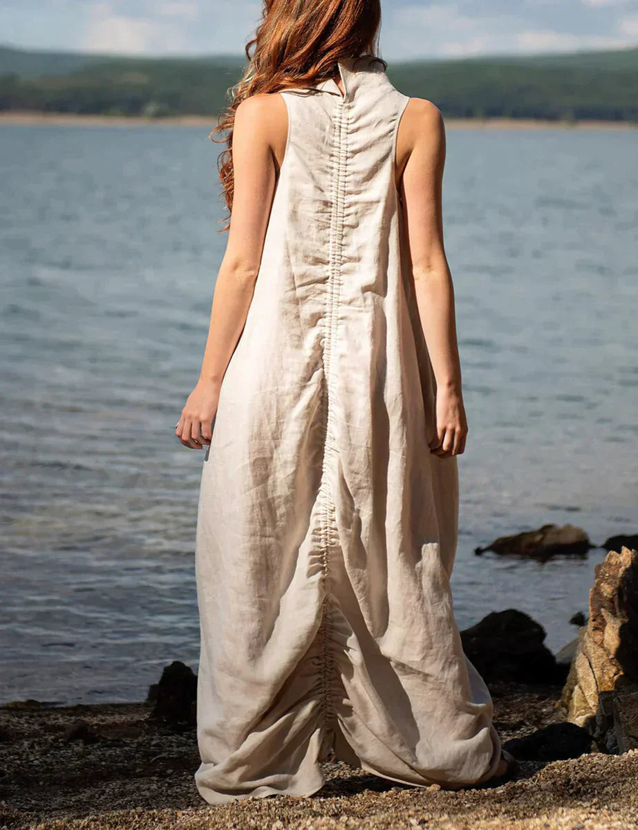 Levoire | Robe Maxi Volants En Lin Avec Col Montant Et Décolleté Dans Le Dos