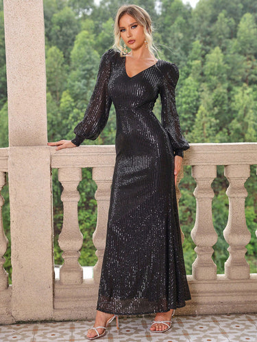 Levoire | Paillettes Décolleté En V Manches Lanternes Robe Maxi