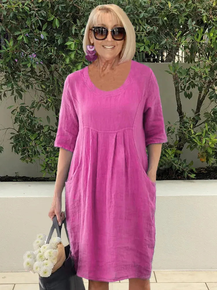 Levoire | Robe tunique midi en coton lin à poches de couleur unie Rouge rosé