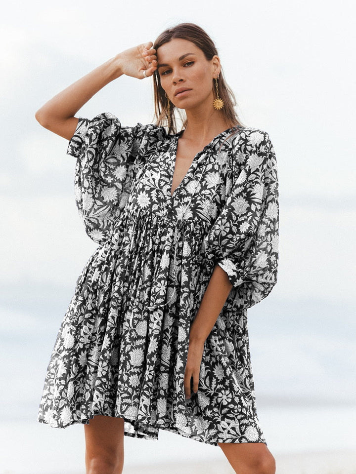 Levoire | Robe Courte Florale À Manches Bouffantes Noir