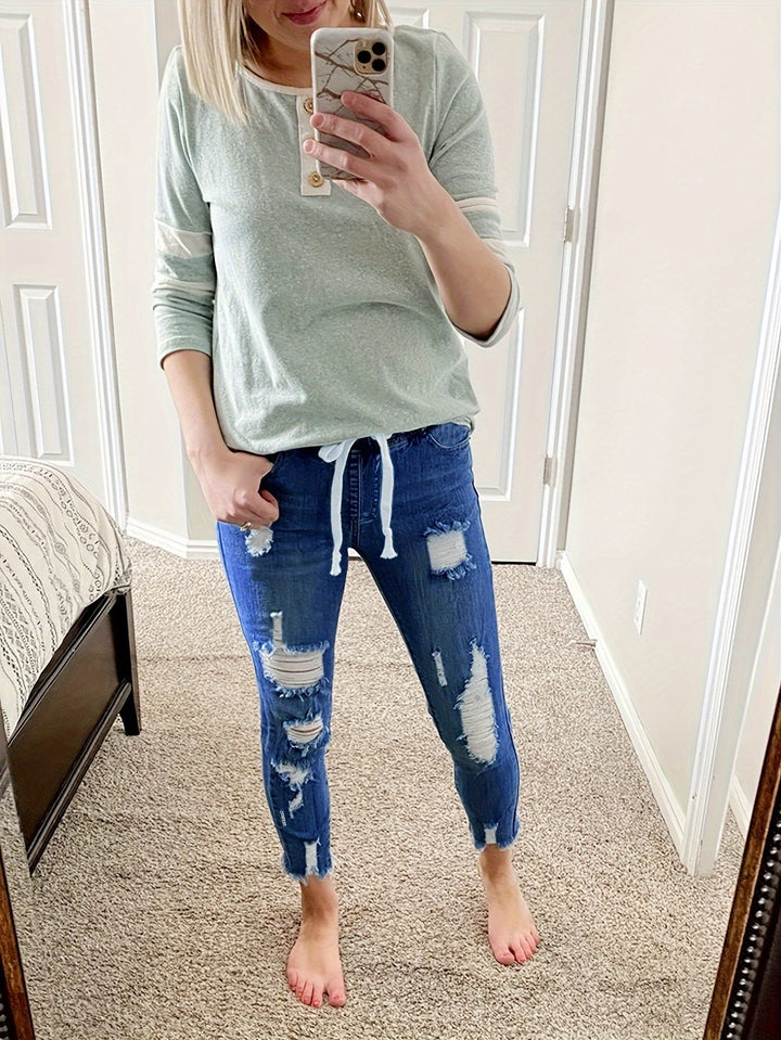 Levoire | Jean Femme Détendu Déchiré Avec Cordon Et Stretch Bleu profond